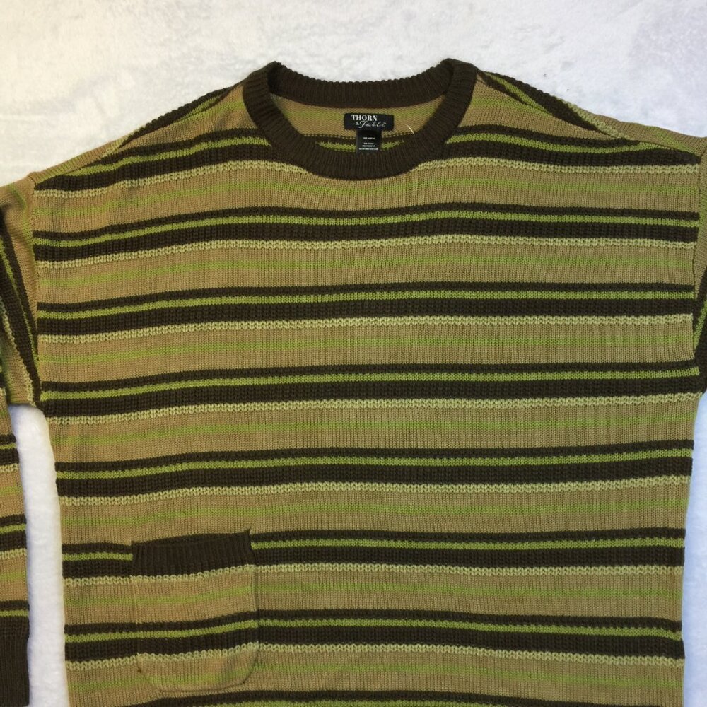 New! Thorn & Fable Sweater M Men’s Green Brown Striped Pocket Long Sleeve - Picture 10 of 16